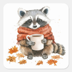 紅葉コージーな秋ラクーンとコーヒーのカップ スクエアシール