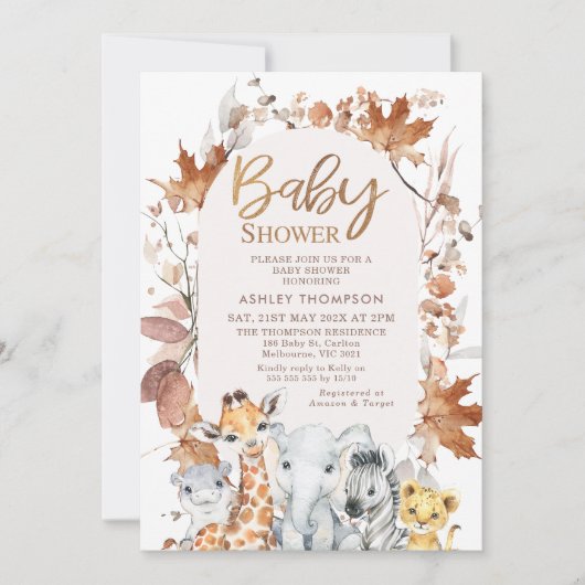 紅葉サファリ動物の赤ちゃんシャワー 招待状 (正面)