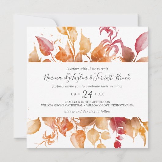 紅葉ズホワイト&ブルグンディカジュアルスクエア結婚ズ 招待状 (正面)