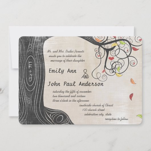 紅葉ツリーリネンテクスチャ紙結婚 招待状 (正面)