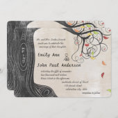 紅葉ツリーリネンテクスチャ紙結婚 招待状 (正面/裏面)