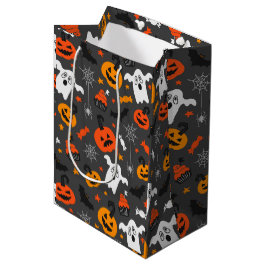 紅葉ハロウィーン記号パターンのダークグレー ミディアムペーパーバッグ