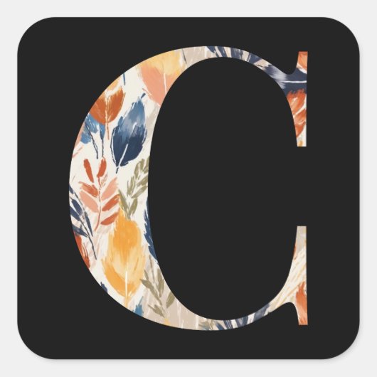 紅葉パターン(の模様が)あるレターCブラックイニシャル スクエアシール (正面)