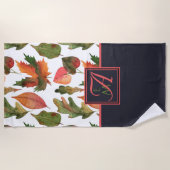 紅葉モノグラムのズブルーオレンジ秋デコール ビーチタオル (正面)