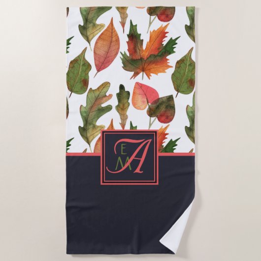 紅葉モノグラムのズブルーオレンジ秋デコール ビーチタオル (正面)