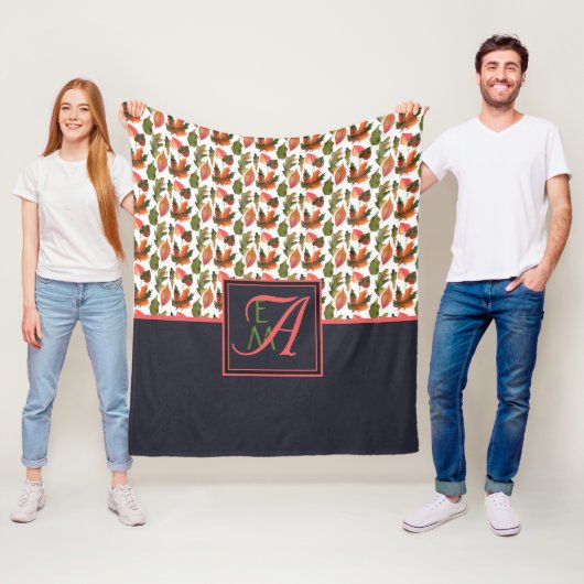 紅葉モノグラムのズブルーオレンジ秋デコール フリースブランケット (インサイチュ)