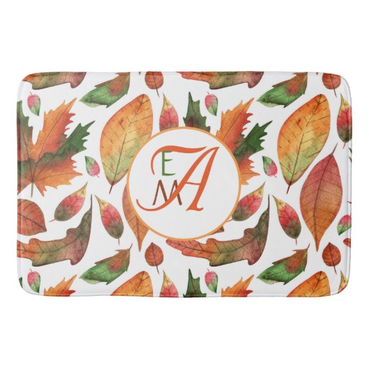 紅葉モノグラムの秋オレンジグリーンデコール バスマット (正面)