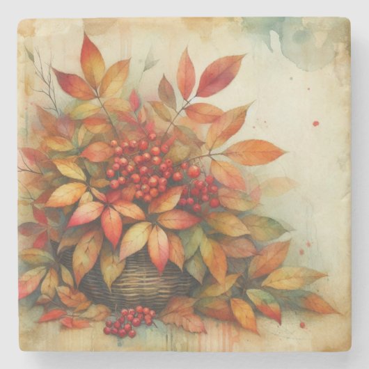 紅葉ヴィンテージ水彩秋色 ストーンコースター (正面)
