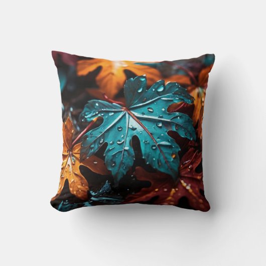 "紅葉交響曲：秋の葉の雨滴" クッション (正面)