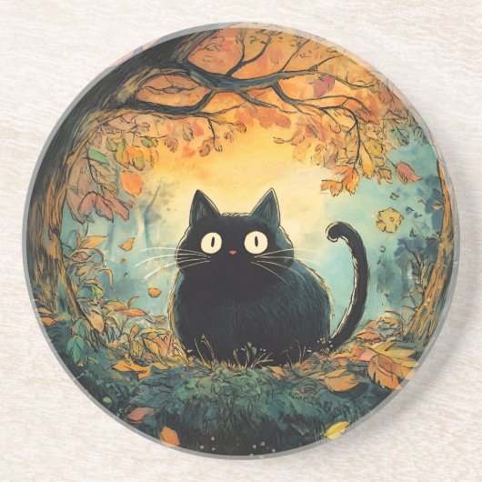 紅葉居心地の良い秋黒猫のための魔法 コースター (正面)
