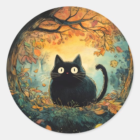 紅葉居心地の良い秋黒猫のための魔法 ラウンドシール (正面)