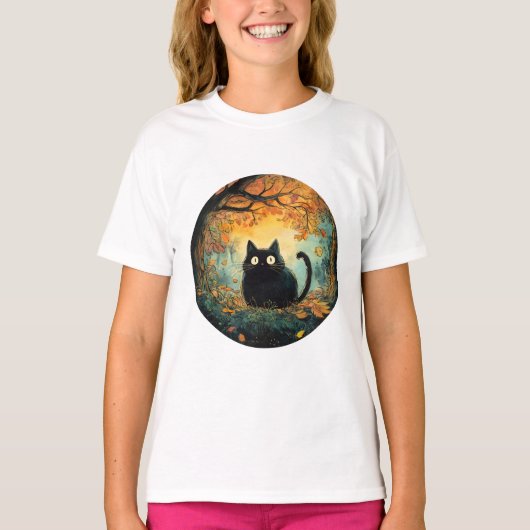 紅葉居心地の良い秋黒猫のための魔法 Tシャツ (正面)