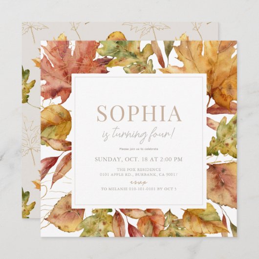 紅葉水彩子供の誕生日 招待状 (正面/裏面)