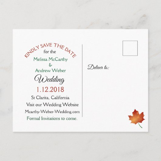 紅葉秋の結婚式の日付を保存 案内ポストカード (裏面)