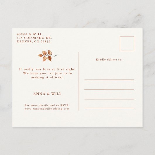 紅葉秋の結婚式写真Save the Date ポストカード (裏面)