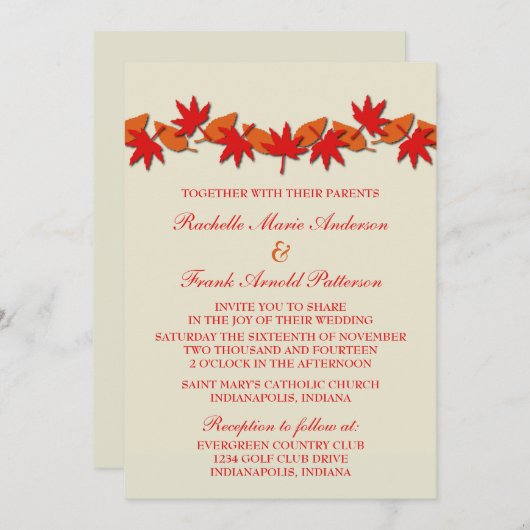 紅葉縁どウェディング招待、赤/オレンジ 招待状 (正面/裏面)