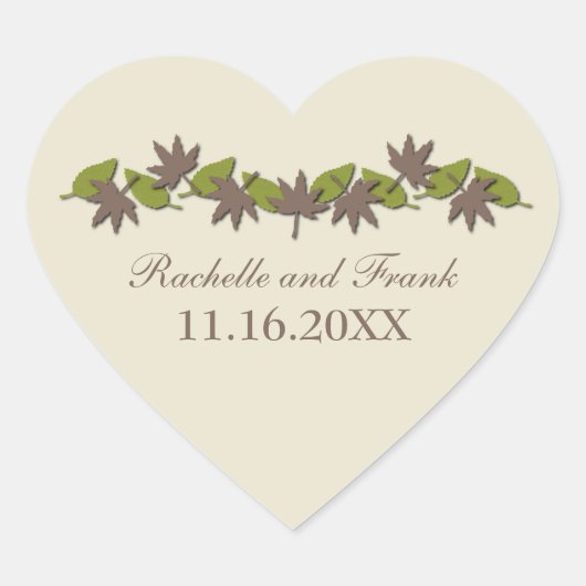 紅葉縁ど結婚式用シール、茶色/緑 ハートシール (正面)