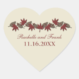 紅葉縁ど結婚式用シール、赤/茶 ハートシール