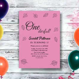 紅葉赤面素朴ピンク秋の第1誕生日 招待状