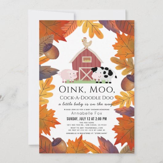 紅葉農業動物納屋周囲の庭ベビーシャワー 招待状 (正面)