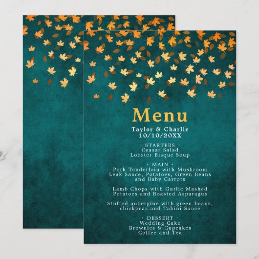 紅葉金ゴールドとティール（緑がかった色）ブルー結婚ズ メニュー (正面/裏面)