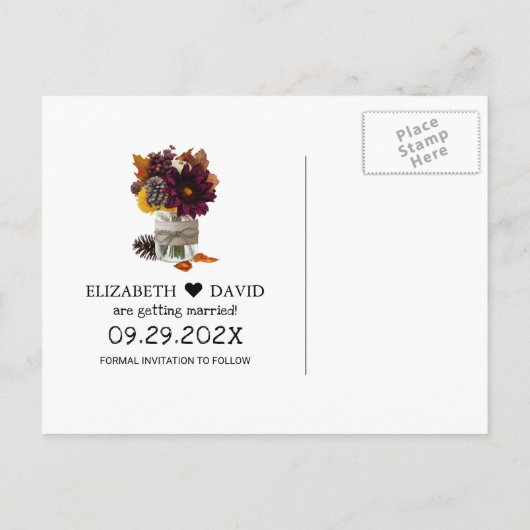 紅葉金ゴールド秋の結婚式日付の保存 案内ポストカード (裏面)