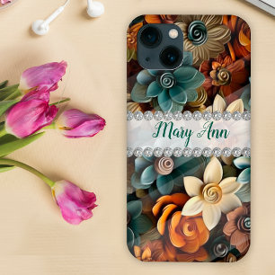 紅葉3D花、ダイヤモンドフレームカスタム iPhone 13ケース