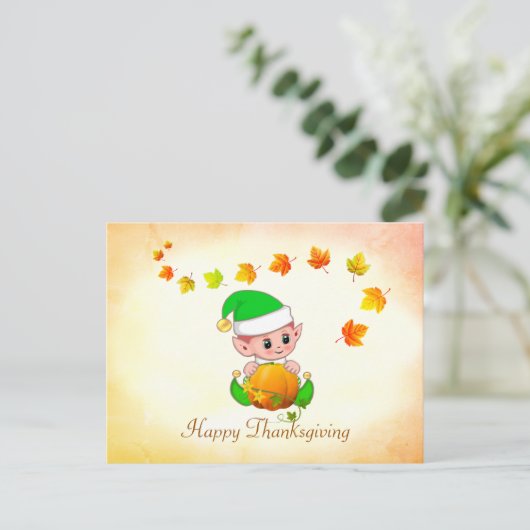 紅葉&かわいい小妖精や小人感謝祭はがき ポストカード (スタンド正面)