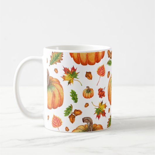 紅葉、どんぐり：水彩模様。 コーヒーマグカップ (左)