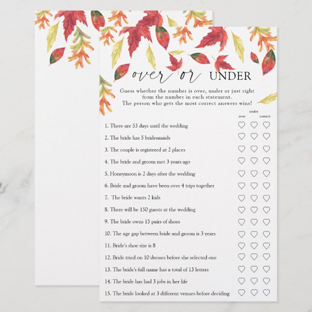 紅葉 – ゲームの上または下ブライダルシャワー (正面/裏面)