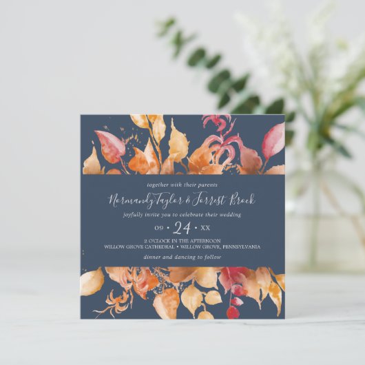 紅葉 |ネイビーカジュアルブルー結婚スクエア 招待状 (スタンド正面)