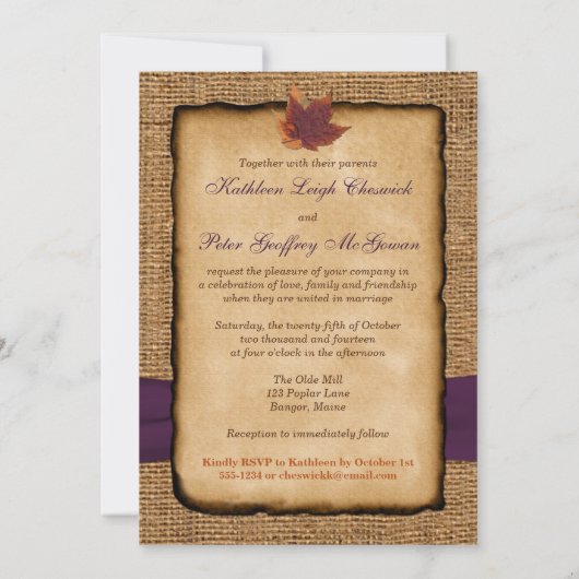 紅葉、フェイクBurlap PHOTOウェディング招待状 招待状 (裏面)