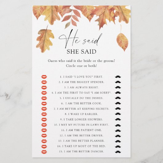 紅葉 – 彼は彼女はブライダルシャワーゲームを言った (正面)