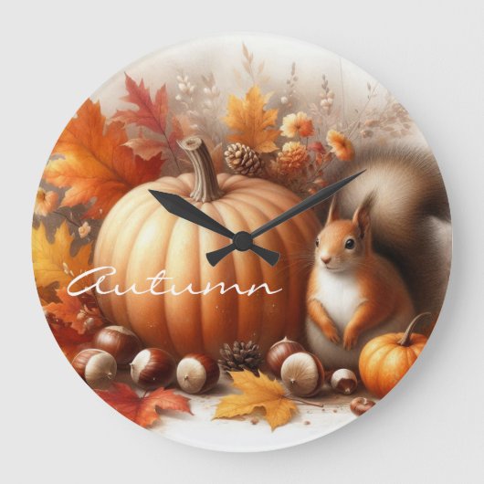 紅葉、栗、かぼちゃ、リス ラージ壁時計 (正面)