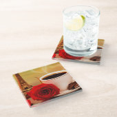 紅薔薇とパリのコーヒー ガラスコースター (アングル)