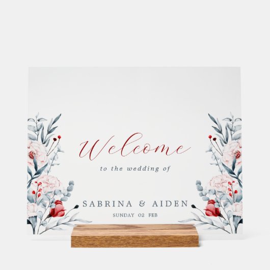 紅青の花のフローラ結婚の歓迎 アクリルサイン (正面)