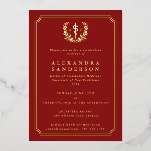 紅骨障害医学博士の卒業 箔招待状 (正面)