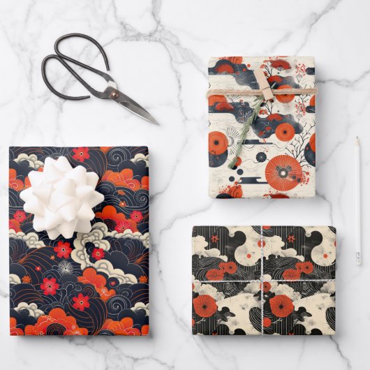 紅黒和文東洋人 ラッピングペーパーシート (正面)