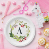 紅+緑の水彩葉イニシャルクリスマス  ペーパープレート (パーティー)