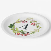 紅+緑の水彩葉イニシャルクリスマス  ペーパープレート (アングル)