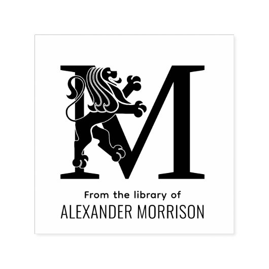 紋章のライオンが単一のイニシャルネームブックの上に立つ セルフインキングスタンプ (デザイン)