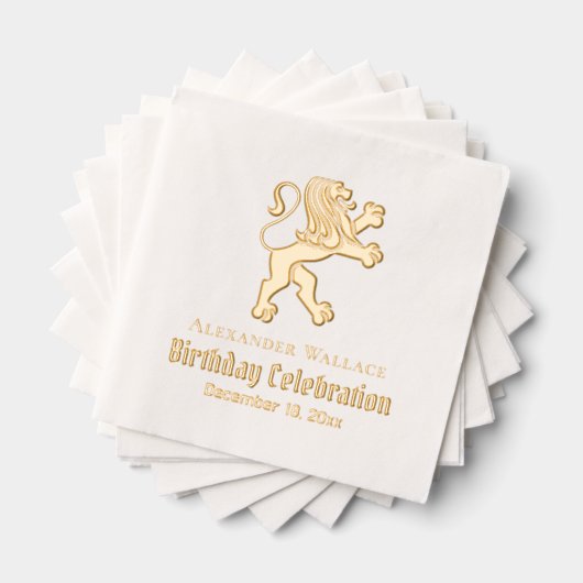 紋章のライオンが立つ誕生日パーティー名前の日 箔ナプキン (インサイチュ (積み重ね))