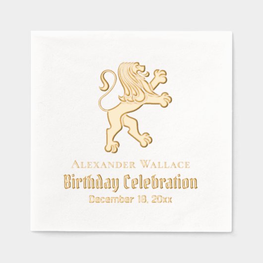紋章のライオンが立つ誕生日パーティー名前の日 箔ナプキン (正面)