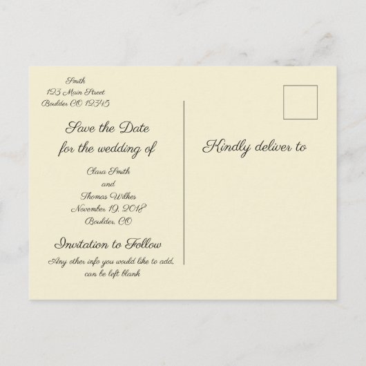 (紋章の)フラ・ダ・リを保存する日付シンプルエレガントな結婚式 案内ポストカード (裏面)