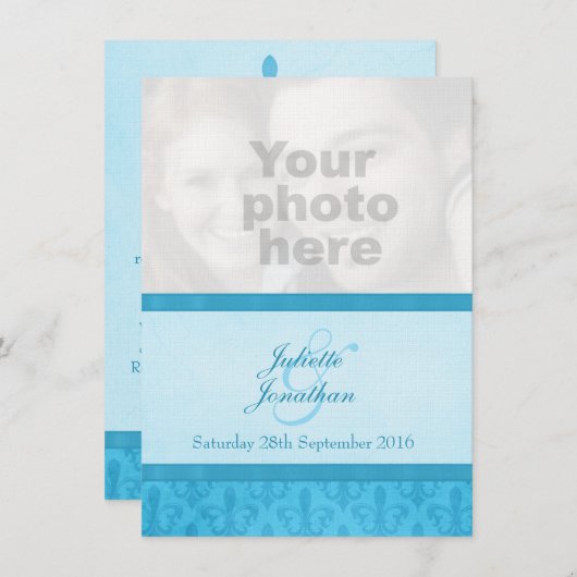 (紋章の)フラ・ダ・リスタイル青色写真結婚式招待状 招待状 (正面/裏面)