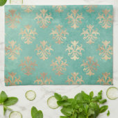 （紋章の）フラ・ダ・リ金ゴールドとティール（緑がかった色）グリーンヴィンテージパティーナ キッチンタオル (折り畳み)