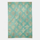 （紋章の）フラ・ダ・リ金ゴールドとティール（緑がかった色）グリーンヴィンテージパティーナ キッチンタオル (縦)