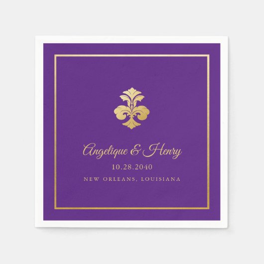(紋章の)フラ・ダ・リ金ゴールド紫エレガントパーソナライズされた スタンダードカクテルナプキン (正面)