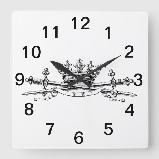 紋章クラウン交差剣サーベルエンブレムクレスト スクエア壁時計 (正面)