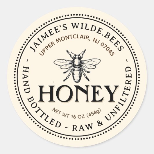 紋章蜂の生手瓶蜂蜜の編集可能ラベル ラウンドシール (正面)